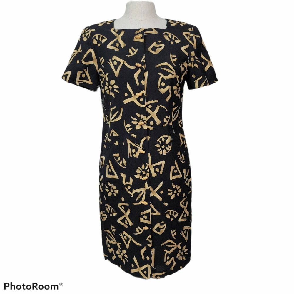 Vintage 90s Kasper ASL Womens 4P Black Tan Tribal Geo Sheath Dress Career Casual